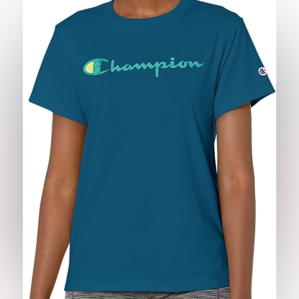 Champion Women's Size Medium Teal Logo Crewneck Short Sleeve Tee